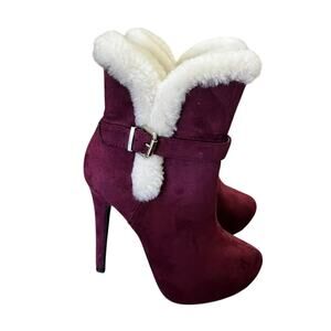 Shoedazled Burgandy red suede boots with fur on top heels size 8